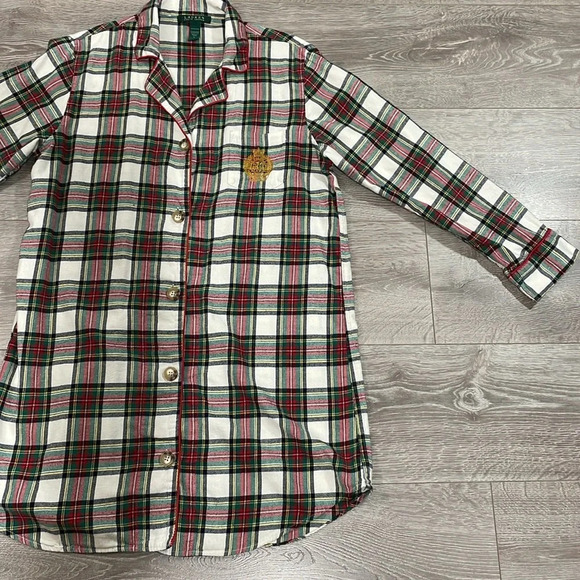 Lauren Ralph Lauren Flannel Plaid Button Front Collared Sleepshirt Pocket L - Picture 9 of 16